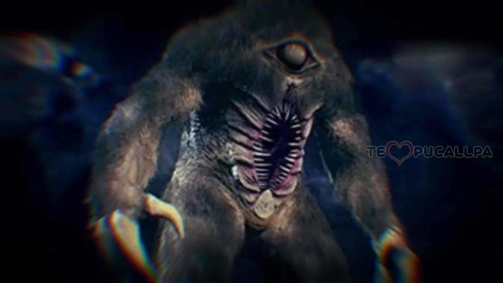 Mapinguari, forma de perezoso con un ojo y en el pecho una enorme boca monstruosa