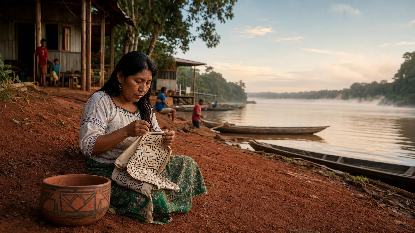 mujer nativa sentado junto al rio ucayali, haciendo artesania
