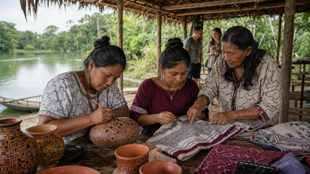 mujeres nativas amazonicas haciendo artesania textil